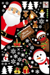 Cartoon Christmas window stickers featuring Santa, reindeer, and snowman for holiday decor