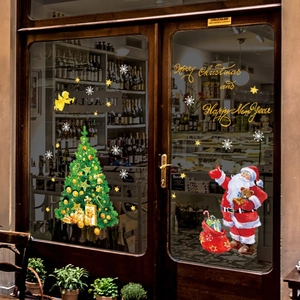 Christmas tree and Santa Claus window stickers with Merry Christmas and Happy New Year text
