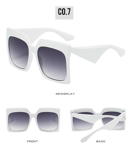 Detailed multi-angle views of oversized white square sunglasses with gray gradient lenses