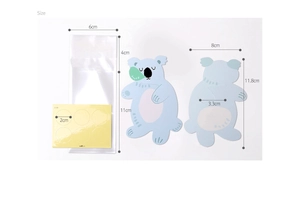 Detailed dimension guide for koala cartoon candy bags showing cards and sticker sizes