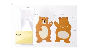 Detailed size chart showing 8x12cm cartoon bear cards and 6x11cm plastic packaging bags