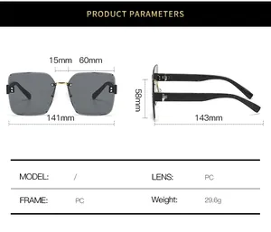 Detailed size chart and specifications for square rimless sunglasses with PC lens