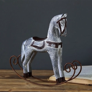 Nordic vintage wooden rocking horse ornament with distressed white finish and metal frame