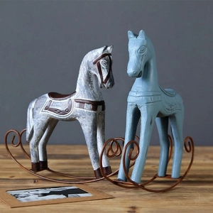 Nordic wooden rocking horse ornaments in vintage white and blue for home decor