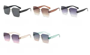 Matrix display of square rimless sunglasses in five gradient colors and diamond-cut temples