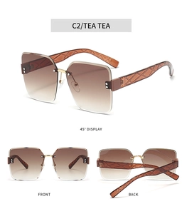 Detailed views of square rimless sunglasses with tea gradient lenses and gold bridge