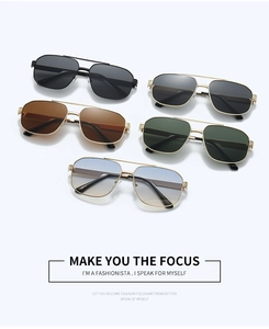 Close-up of metal aviator sunglasses in five colors including black, brown and gradient blue