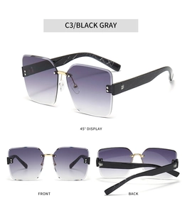 Multiple views of square rimless sunglasses with purple gray gradient lenses and gold bridge