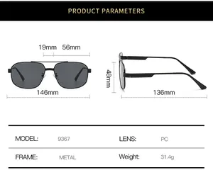 Detailed size guide for aviator sunglasses with metal frame and PC lens dimensions