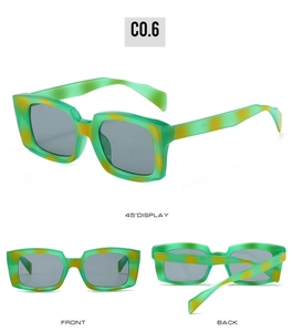 Three views of green tortoiseshell rectangular sunglasses with grey UV protection lenses
