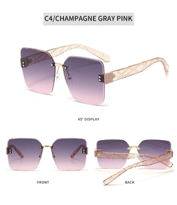 Three-angle views of square rimless sunglasses with purple to pink gradient lenses