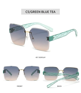 Detail view of square rimless sunglasses with green blue tea gradient lenses and metal bridge