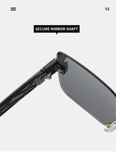 Detail of secure mirror shaft with metal screw reinforcement on square rimless sunglasses