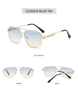 Detail view of gold metal aviator sunglasses with blue tea gradient lenses from multiple angles