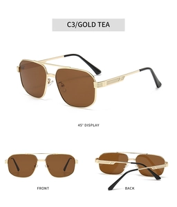 Three-angle view of gold metal pilot sunglasses with brown lenses and black temple tips