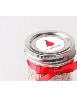 Detail of glass mason jar with metal lid, red bow and Merry Christmas sticker