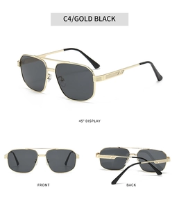 Detailed views of gold pilot sunglasses with black lenses and engraved temple texture