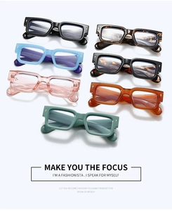 Detailed close-up of thick rectangular eyewear frames in seven assorted stylish colors