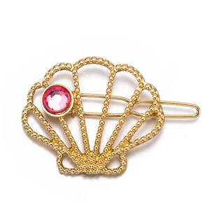 Scallop Shell Hair Clip Alloy With Pink Rhinestone Elegant Gold Tone Retro Headwear For Women