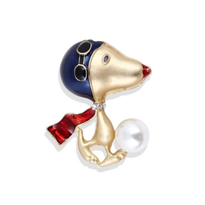 Detailed shot of Snoopy pilot brooch with blue helmet, red scarf, and a small pearl accent