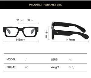 Size chart for rectangular thick frame glasses with detailed measurements and PC material