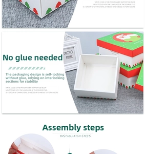 Detailed view of Santa Claus gift boxes with glue-free slot assembly for Christmas