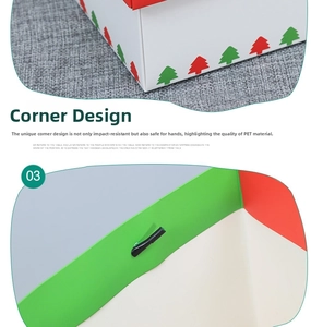 Detail of PET Christmas gift box with smooth rounded edges and festive tree pattern