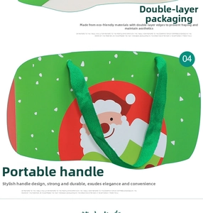 Detail of Christmas gift bag showing reinforced double-layered edges and green woven handles