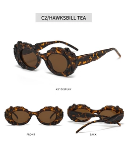 Vue en trois angles de lunettes de soleil steampunk thé écaille avec monture ondulée
