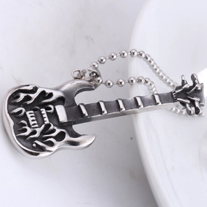 Vintage silver guitar pendant necklace with retro carved texture and ball chain