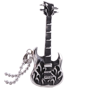 Retro electric guitar necklace with flame pattern and bead chain in stainless steel