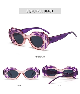 Vues détaillées de lunettes de soleil steampunk avec monture violette en forme de nuage