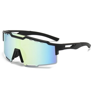 Black sports sunglasses with large iridescent shield lens for cycling and outdoor sports