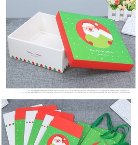Detail of red and green Christmas gift boxes and bags with Santa Claus and tree patterns