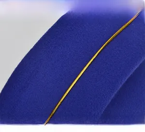Detailed close-up of blue wool felt hat brim featuring a sleek gold metallic line accent
