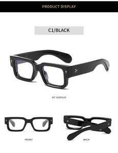 Close-up of rectangular thick black glasses frame with metal rivets showing multiple angles