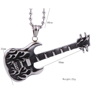 Detail view of 58mm retro guitar pendant with flame relief and dimensions on bead chain