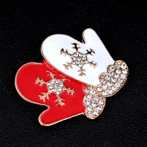 Christmas glove brooch with red and white enamel, snowflake design and sparkling crystals