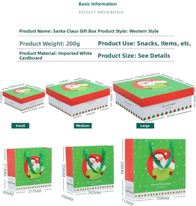 Size chart showing Santa gift boxes and matching paper bags in small, medium, and large