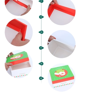 Six-step assembly guide for a festive Christmas cardboard gift box with Santa Claus print