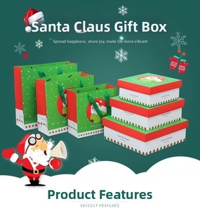 Christmas gift boxes and matching paper bags with Santa Claus and tree patterns