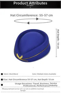 Size chart for wool blend flight attendant hat with golden wheat logo and dimensions