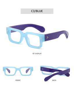 Three-way view of blue rectangular eyeglasses frame with purple temples and gold rivets