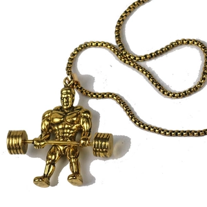 Gold plated fitness necklace featuring a detailed muscular bodybuilder lifting weights pendant