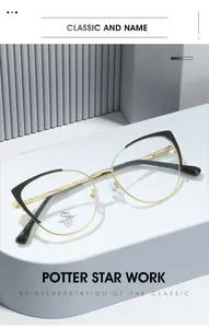 Detailed close-up of metallic cat-eye glasses frame with UV400 anti-blue light lens tech