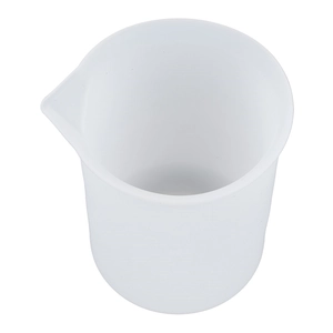 Detailed top view of a translucent silicone measuring cup with 100ml scale and spout