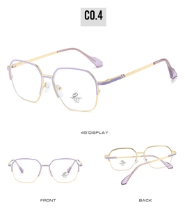 Detailansicht der quadratischen Blaulicht-Brille mit lila-goldenen Metallakzenten am Rahmen