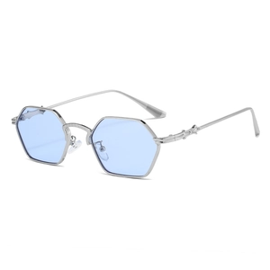 Octagon sunglasses with silver metal frames and light blue lenses featuring cross reliefs