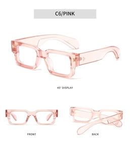 Detailed multi-angle views of pink translucent rectangular glasses frames and C6 model