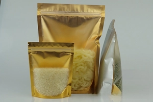 Self-standing food bags with clear windows and zip seals for rice and pasta storage